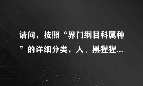 请问，按照“界门纲目科属种”的详细分类，人、黑猩猩和猴子各属于什么详细类别？