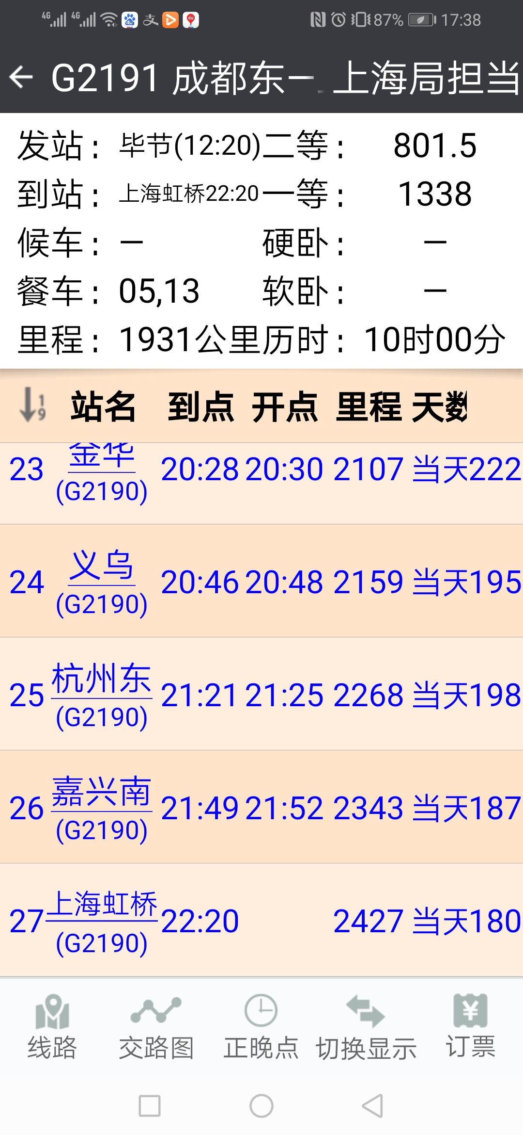 从毕节开往上海虹桥的高铁2190经过义乌吗？