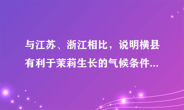 与江苏、浙江相比，说明横县有利于茉莉生长的气候条件。横县地形以河流冲积平原为主，茉莉主要种植在平原地势较高的旱地上。试解释冲积平原地势较高的旱地有利于茉莉种植的原因。目前横县县城集聚了100多家茉莉花茶厂。分析横县县城集聚众多茉莉花茶厂的原因。请在下列两个问题中，选择其中一个问题作答。如果多做，则按所做的第一个问题计分。问题①：说明横县茉莉花茶产业的发展经验对我国一些贫困县脱贫致富的启示。问题②：为以茉莉种植为基础的横县经济进一步发展提出建议。